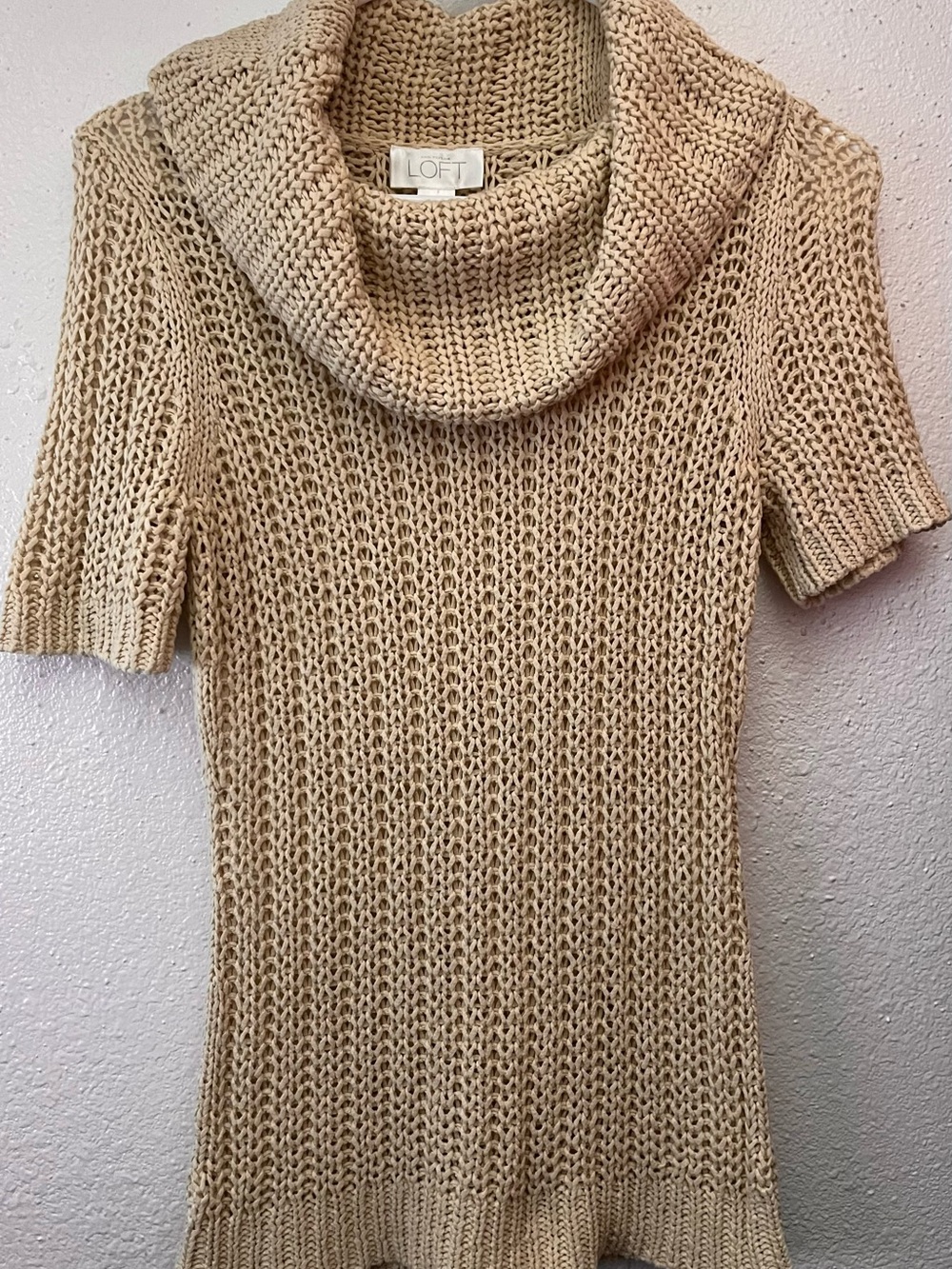 LOFT Tan Open-Knit Cowl Neck Short-Sleeve Sweater